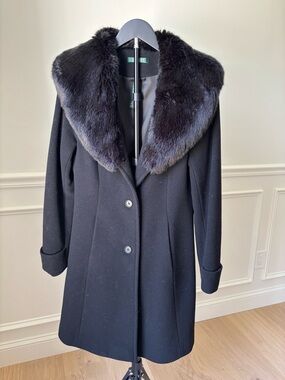 Ralph Lauren Black Wool Pea Coat with Faux Fur Collar